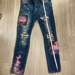 Dark Blue Distressed Jeans with Pink Graphic Patches